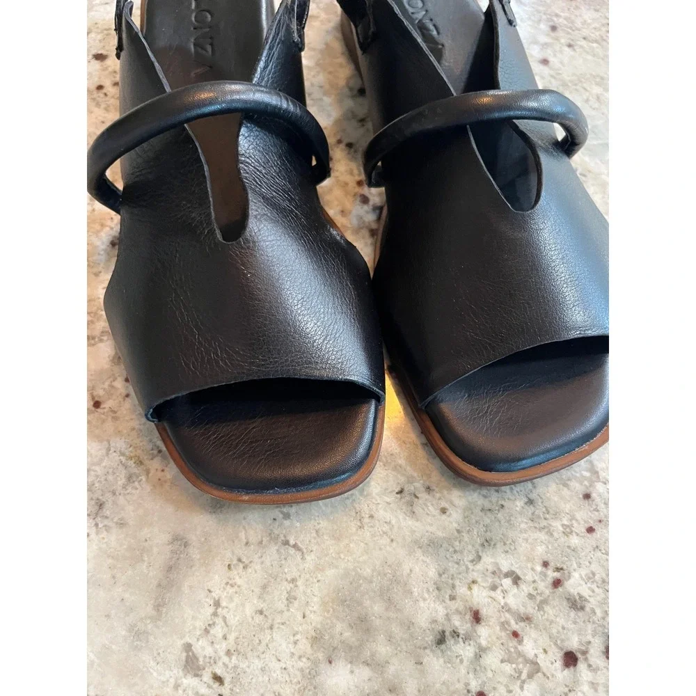 Lonza Bergen Black Leather Square Toe Slingback Sandals Women Size 39 EU